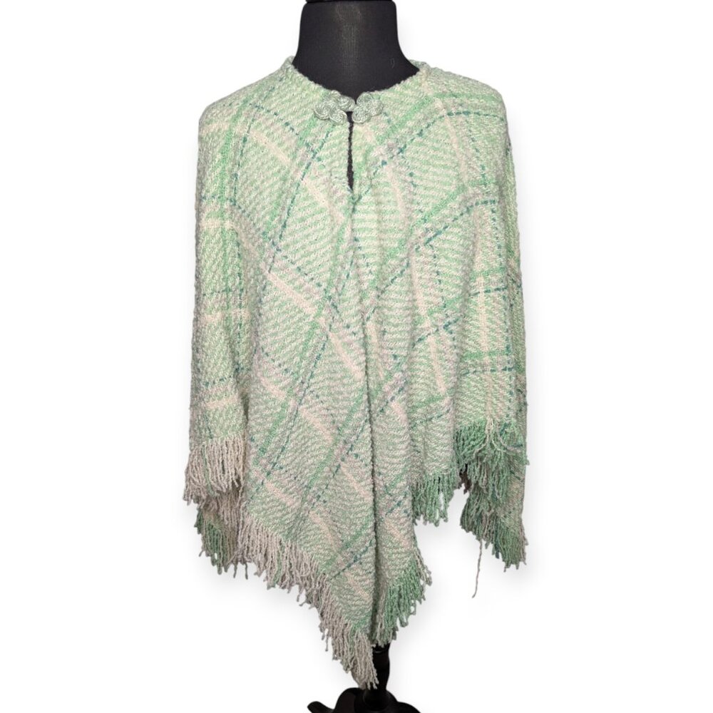 Boyne Valley Weavers Handcrafted in Ireland Chic Plaid Wool Poncho w/ Fringe NWT
